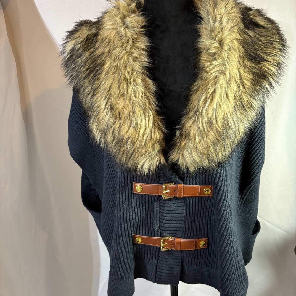 MICHAEL Michael KORS Faux-Fur Buckle Poncho Vest Navy Size L